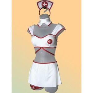 New Medium Sexy Nurse Halloween Costume Skirt Set 6 Piece White Red Fishnets Hat